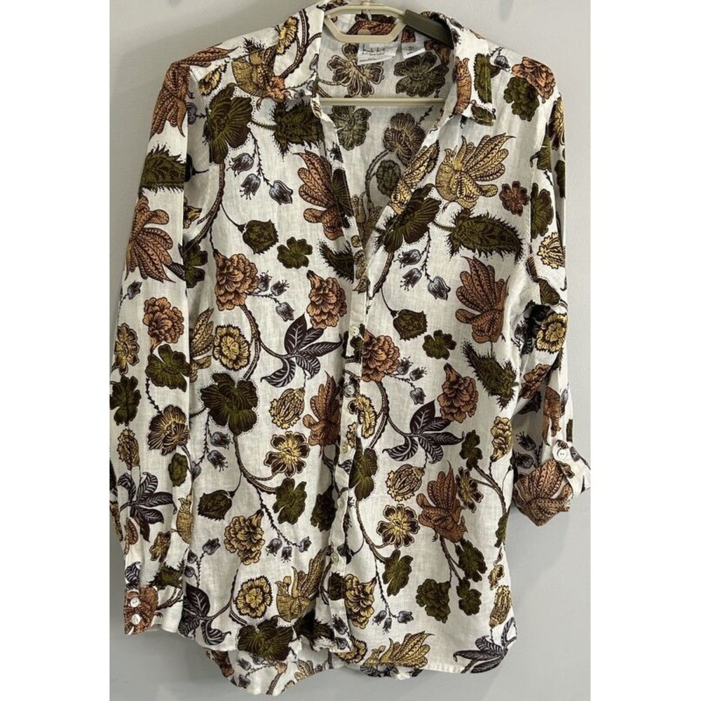 Nicole Miller European Flax 100% Linen Long Roll Tab Sleeve Floral Print Shirt L